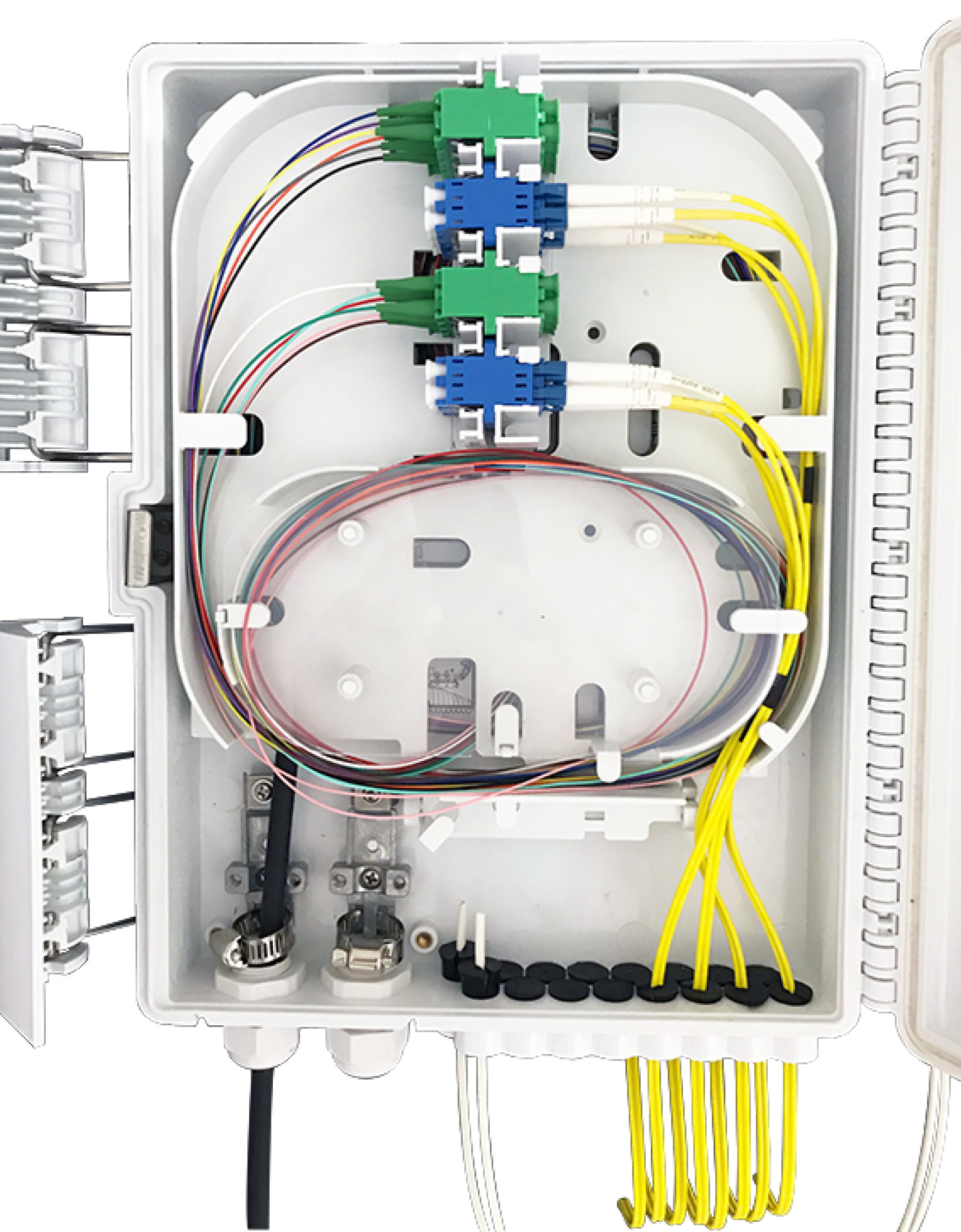 FTTH IP65 Anschlussbox für 32Fasern, 16Kupplungen und Faserüberlängenaufnahme