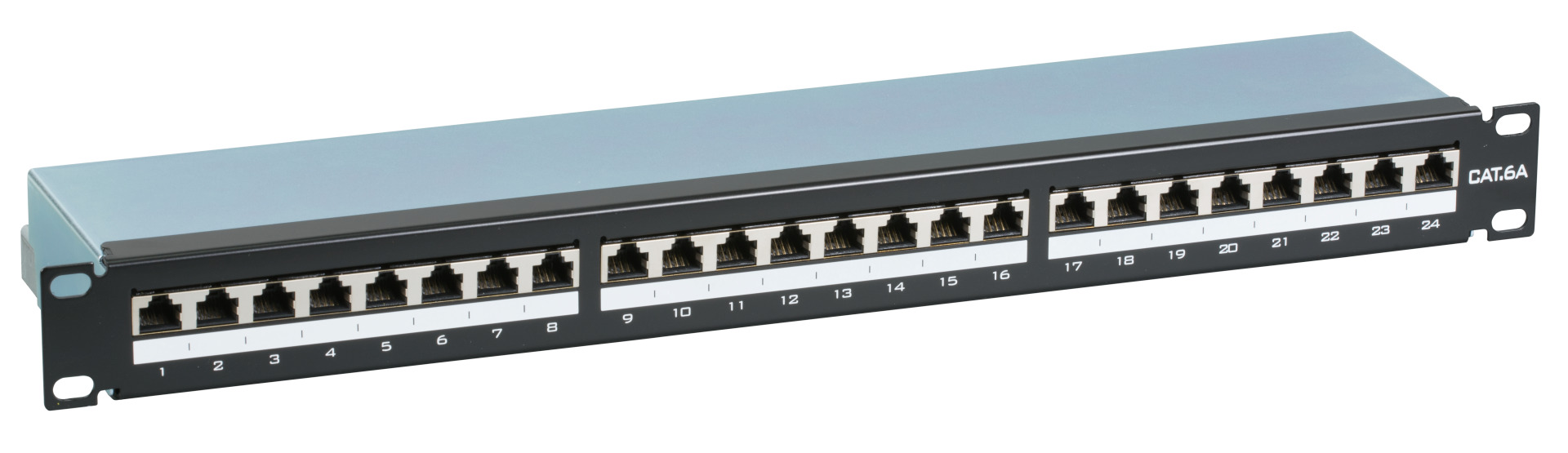 Patchpanel STP 24xRJ45 Cat.6A, 19“ 1HE, RAL9005 schwarz