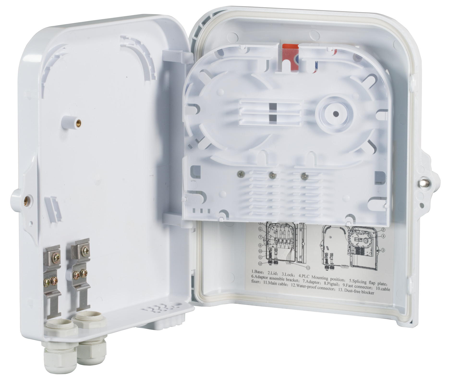 FTTH IP65 Anschlussbox für 16Fasern, 8Kupplungen und Faserüberlängenaufnahme