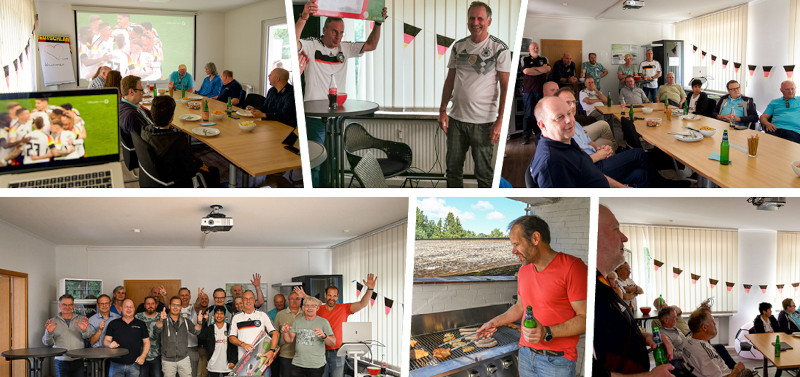 Collage eines Firmen-Events mit Fußballübertragung, Grillen und geselligem Beisammensein