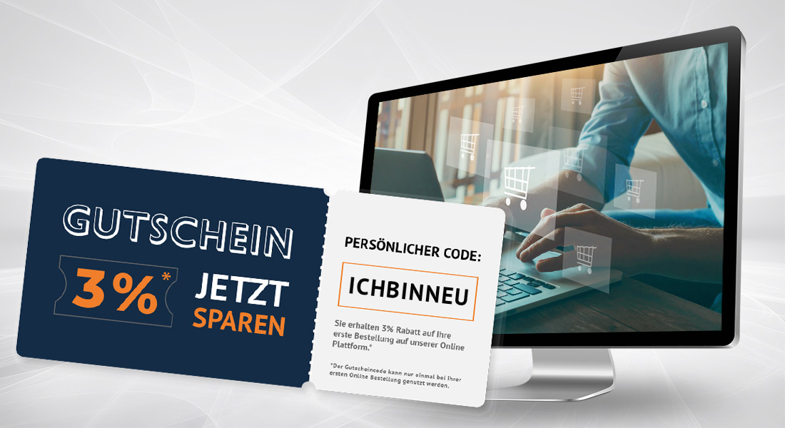 Neukundengutschein vor Computermonitor von EFB-Elektronik