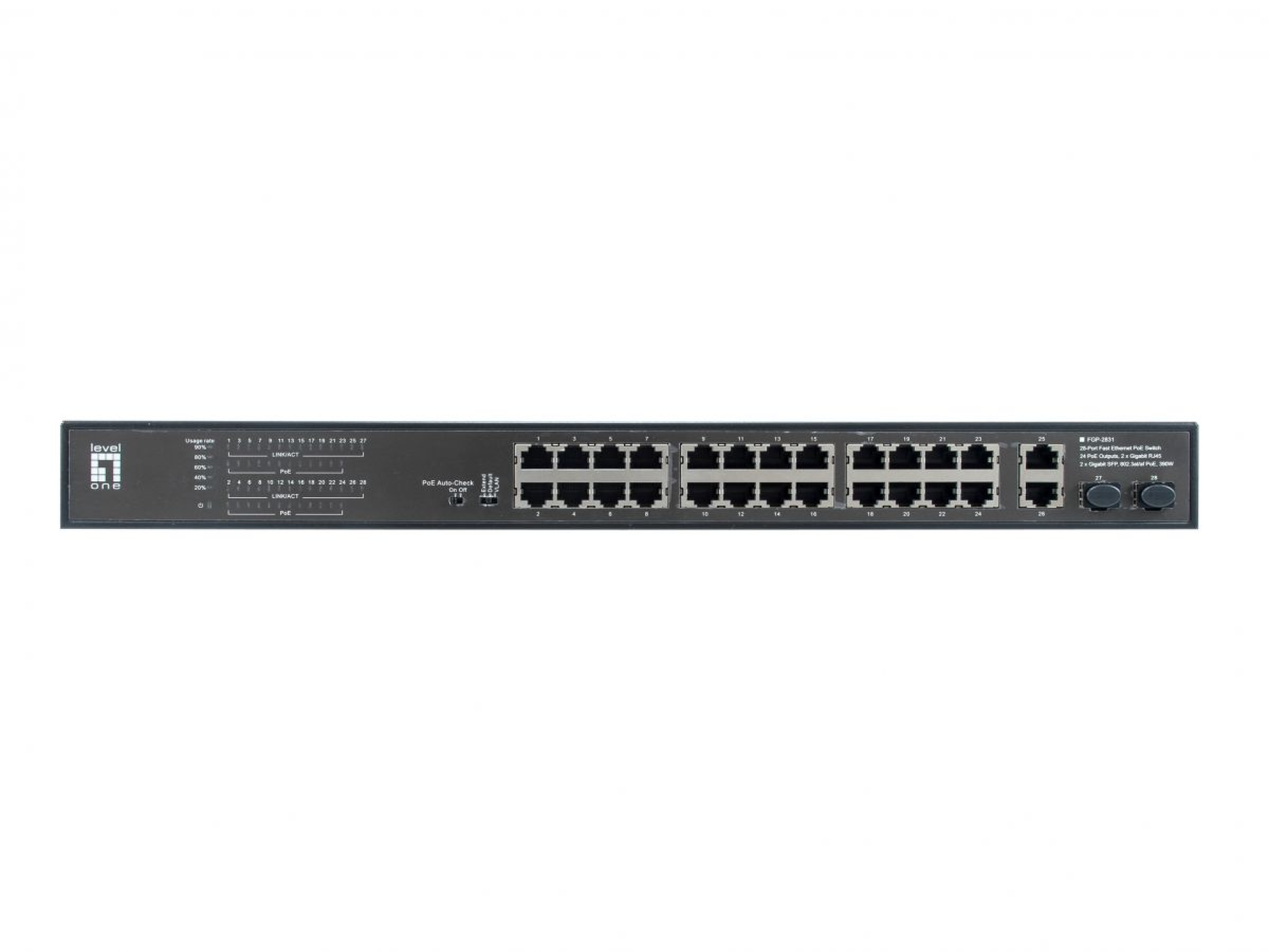 28-Port-Fast Ethernet-PoE-Switch, 24xPoE-Ausgänge 2xGigabit RJ45 2xGigabit SFP